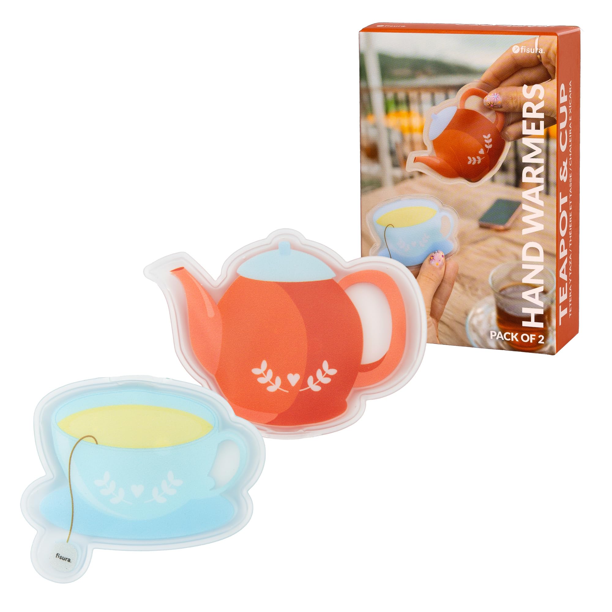 Fisura – Cute reusable gel hand warmers “tetera y taza”. Mini pocket warmers for outdoor use. Fun and practical gift idea for cold hands. Pack of 2 included.