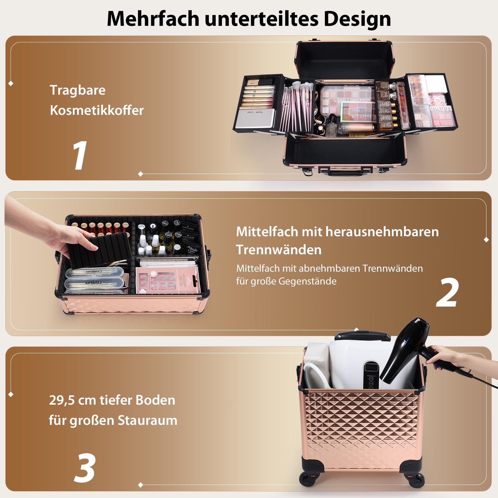 Kosmetik Trolley 3-in-1 Make up Koffer Kosmetikkoffer Schminkkoffer Groß Friseurkoffer mit Rollen Beauty Case Nagelkoffer Multikoffer, Rosegold