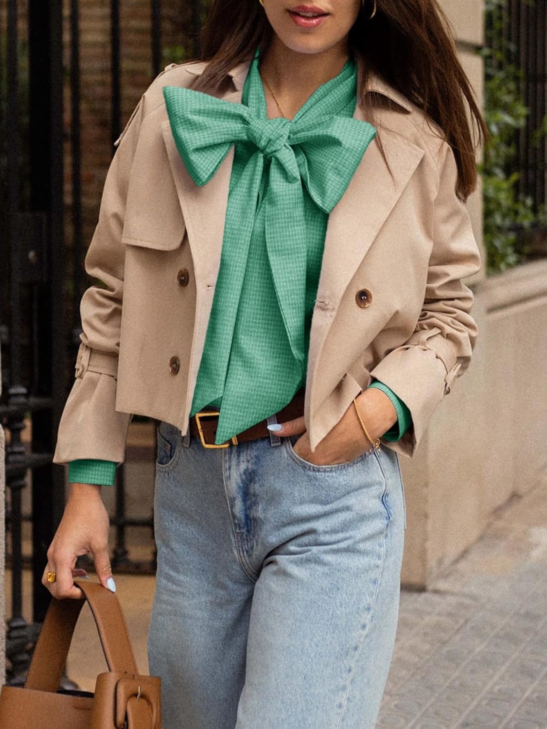 Cicy Bell Womens Plaid Shirts Bow Tied Neck Button Down Long Sleeve Casual Dressy Blouse Tops - Image 5