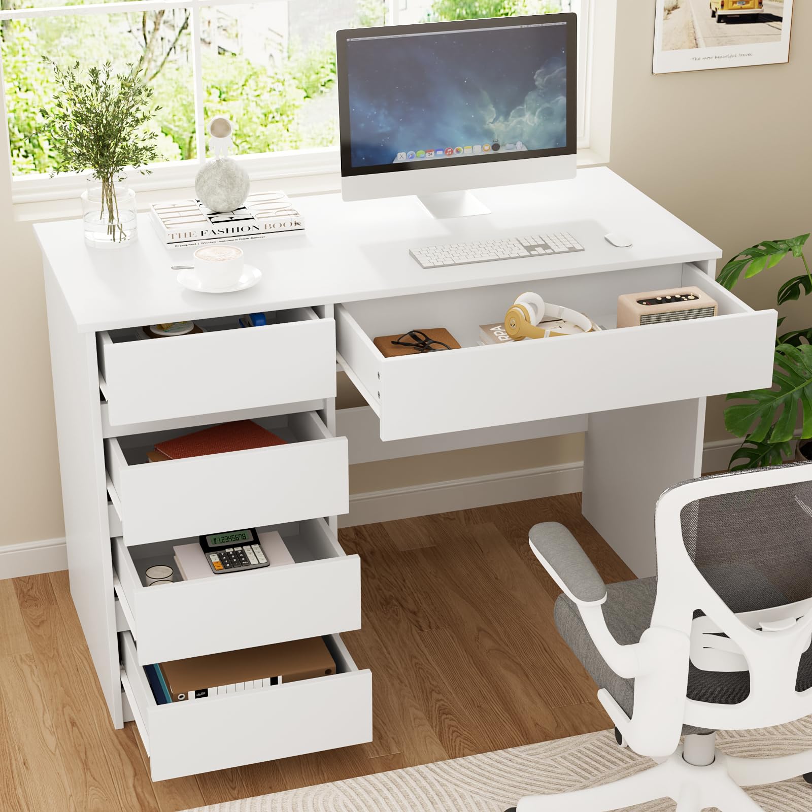 VOWNER Scrivania per Computer, Scrivania Salvaspazio con 5 Cassetti da Ufficio Salvaspazio Cameretta, per Ufficio/Camera da Letto, 110x50x75cm (Bianco)