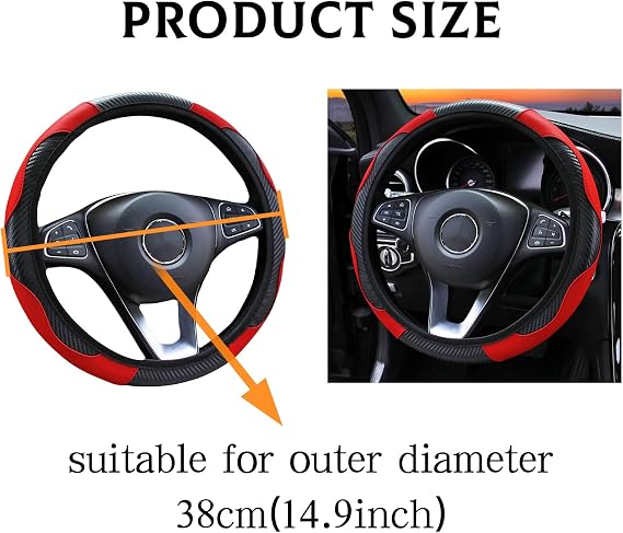Car Steering Wheel Cover Leather,Anti-slip Breathable Carbon Fiber Sports Elastic Band Without Inner Ring Steering Wheel Cover Universal Size for Fit Four Seasons(Black-Red)