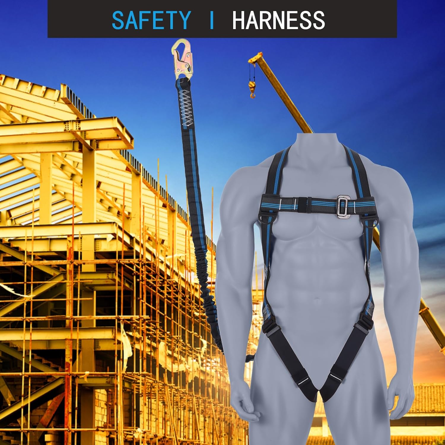 Safety Harness Fall Protection Kit - 3 Pt Full Body Safety Harness with 6 FT Internal Shock Absorbing Lanyard & Snap Hook, for Roofing Construction & Scaffolding Use, ANSI OSHA Compliant