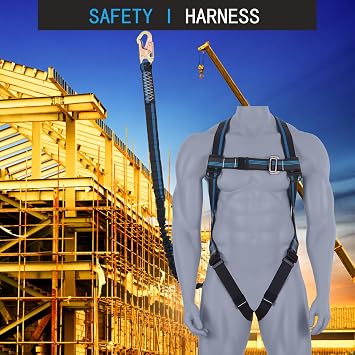 Safety Harness Fall Protection Kit - 3 Pt Full Body Safety Harness with 6 FT Internal Shock Absorbing Lanyard & Snap Hook, for Roofing Construction & Scaffolding Use, ANSI OSHA Compliant