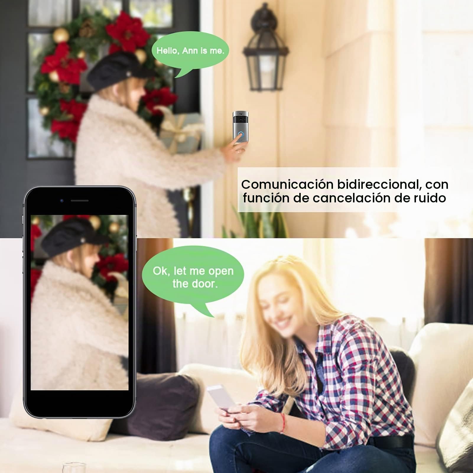 Cámara de timbre con video WiFi,timbre de seguridad para el hogar inalámbrico HD,cámara con sistema de interfono, detección de movimiento PIR de soporte/audio bidireccional/visión nocturna/gran