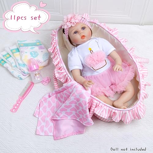 Miniatura 2 de Ropa de muñeca Reborn de 11 piezas, vestido rosa para muñecas Reborn de 17 a 22 pulgadas, ropa de bebé niña, pañal, accesorios de cama suave
