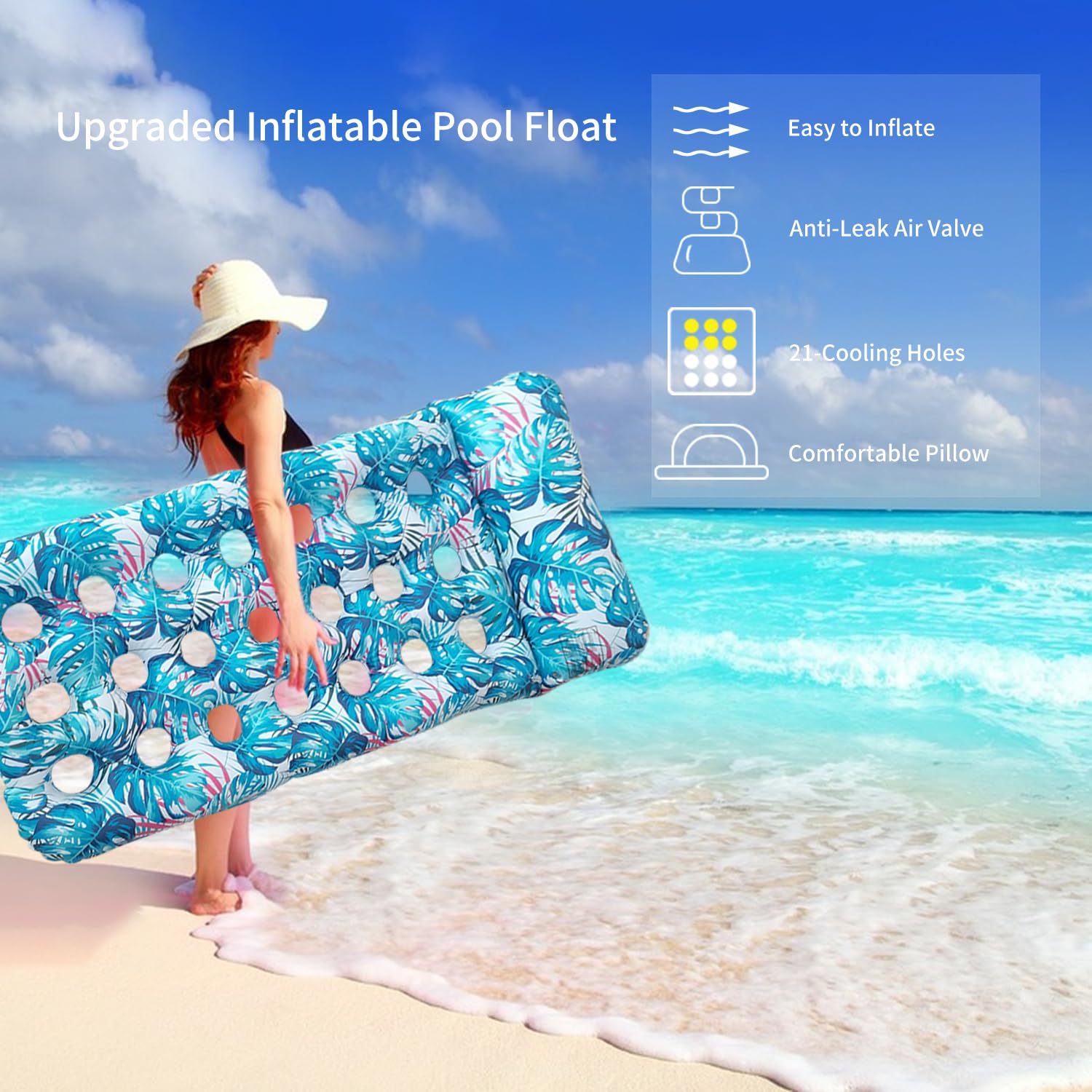 Matelas Gonflable Piscine 185x85cm - Chaise Flottante Avec Trous Et Oreillers