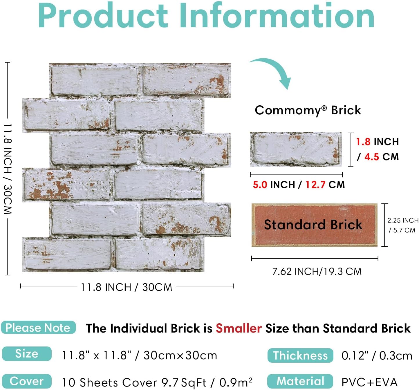 Commomy 3D Peel and Stick Brick Tiles- 10 pcs 11.8" x 11.8" Small Size PVC Printable Retro White Faux Brick Wall Panels Brick Wallpaper Wall Tile for Kitchen Backsplash,Bedroom,Living Room,Fireplace