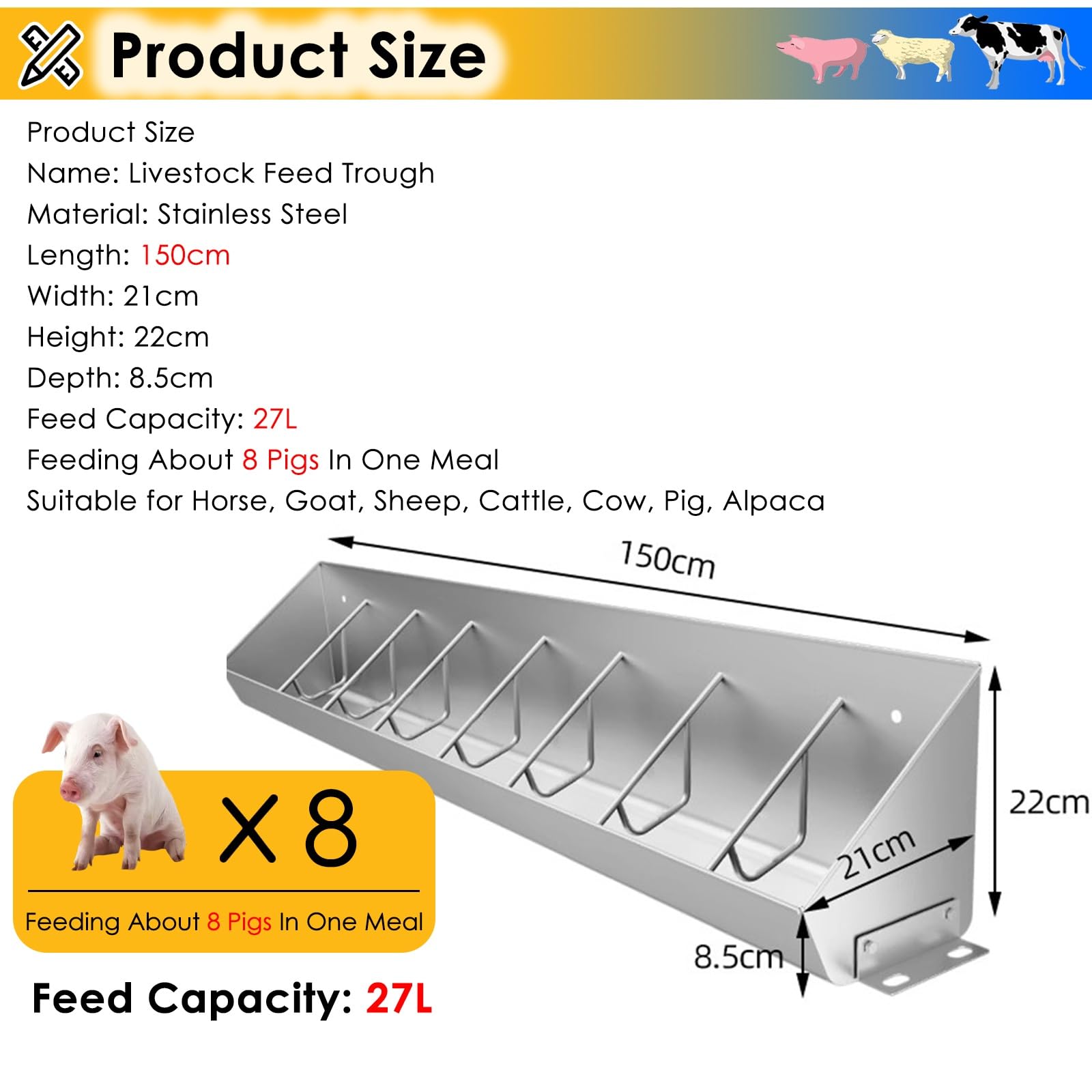 Mangiatoia per bestiame per maiali, suini, pecore, capre, allevamenti in acciaio inox resistente, supporto da terra o da appendere