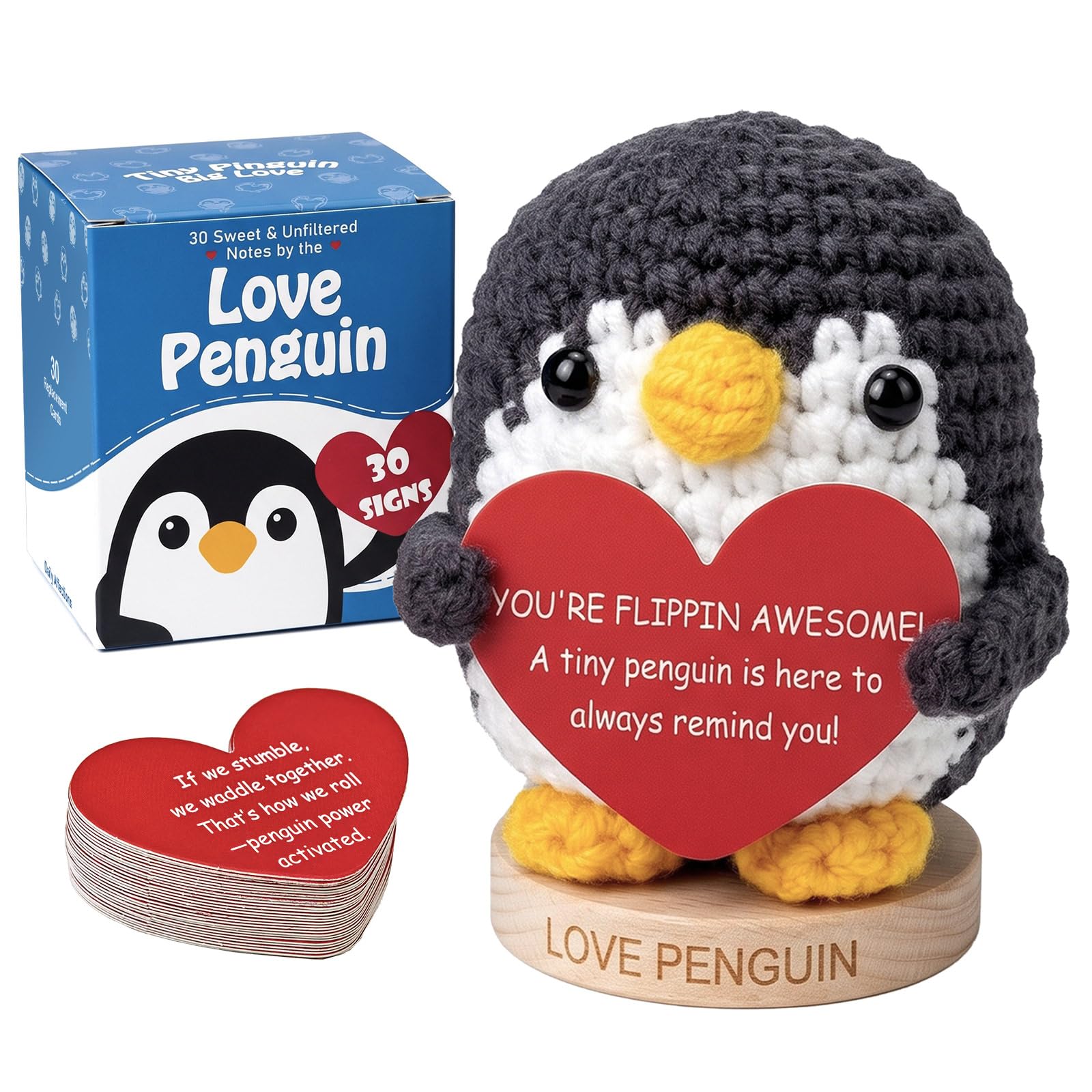 Timogift Mini Positive Crochet Penguin Gift with 30 Cards and Wood Base
