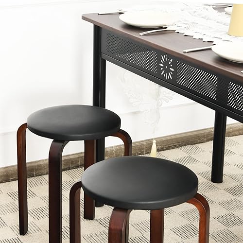 Miniatura 9 de LDAILY Taburetes redondos de madera, 4 juegos de taburetes de madera apilables con asiento acolchado, almohadillas antideslizantes para los pies,