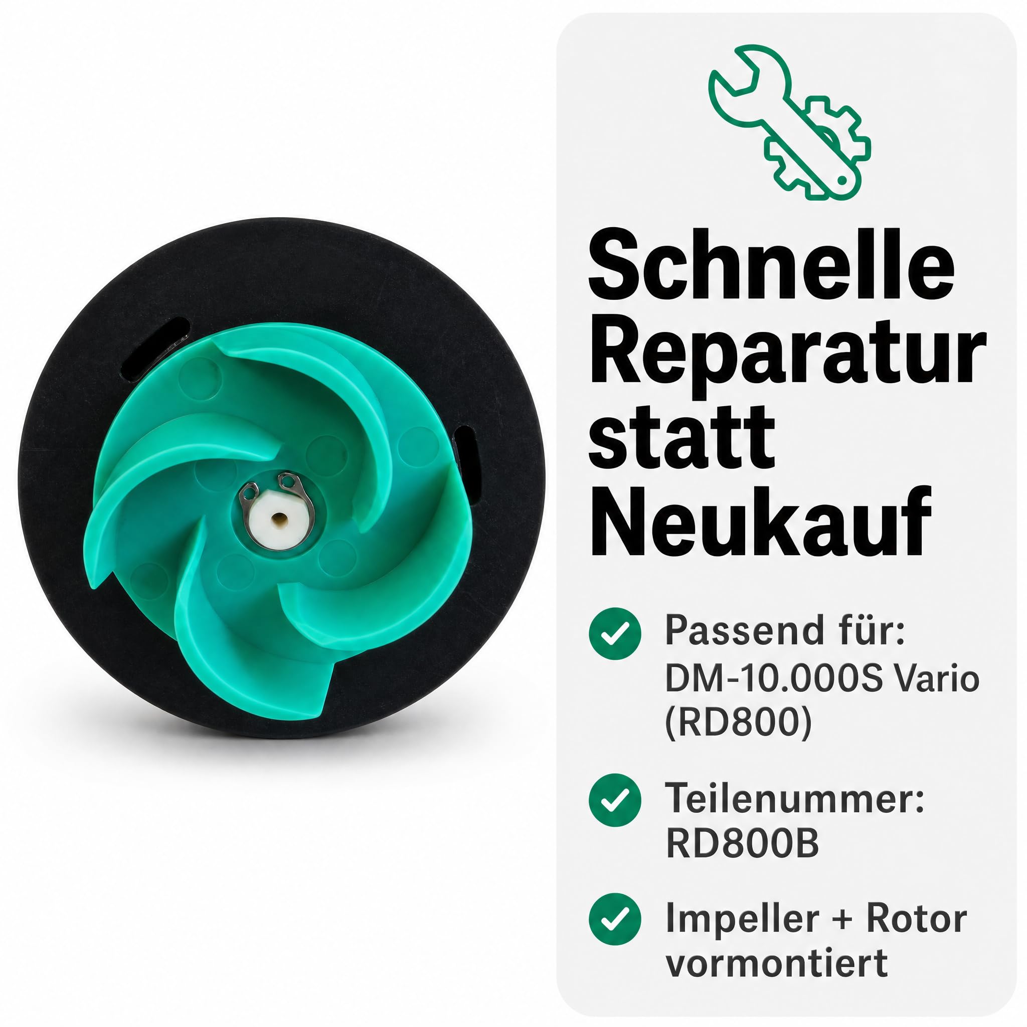 Impeller/Laufrad mit Rotor, kompatibel mit Aquaforte DM-10.000S Vario (RD800), Ersatzteil für Teichpumpe, Teilenummer RD800B, Kunststoff, Schwarz/Grün/Weiß