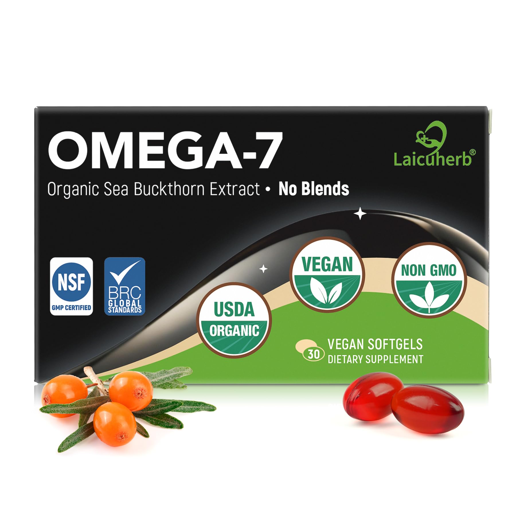 Organic Omega 7 Sea Buckthorn Oil Capsules - Omega 7, 3-6-9 Supplements for Skin, Eye, Hair & Nail Health, Hydration & Wellness Support，USDA-Certified, 30 Softgels, Travel-Friendly