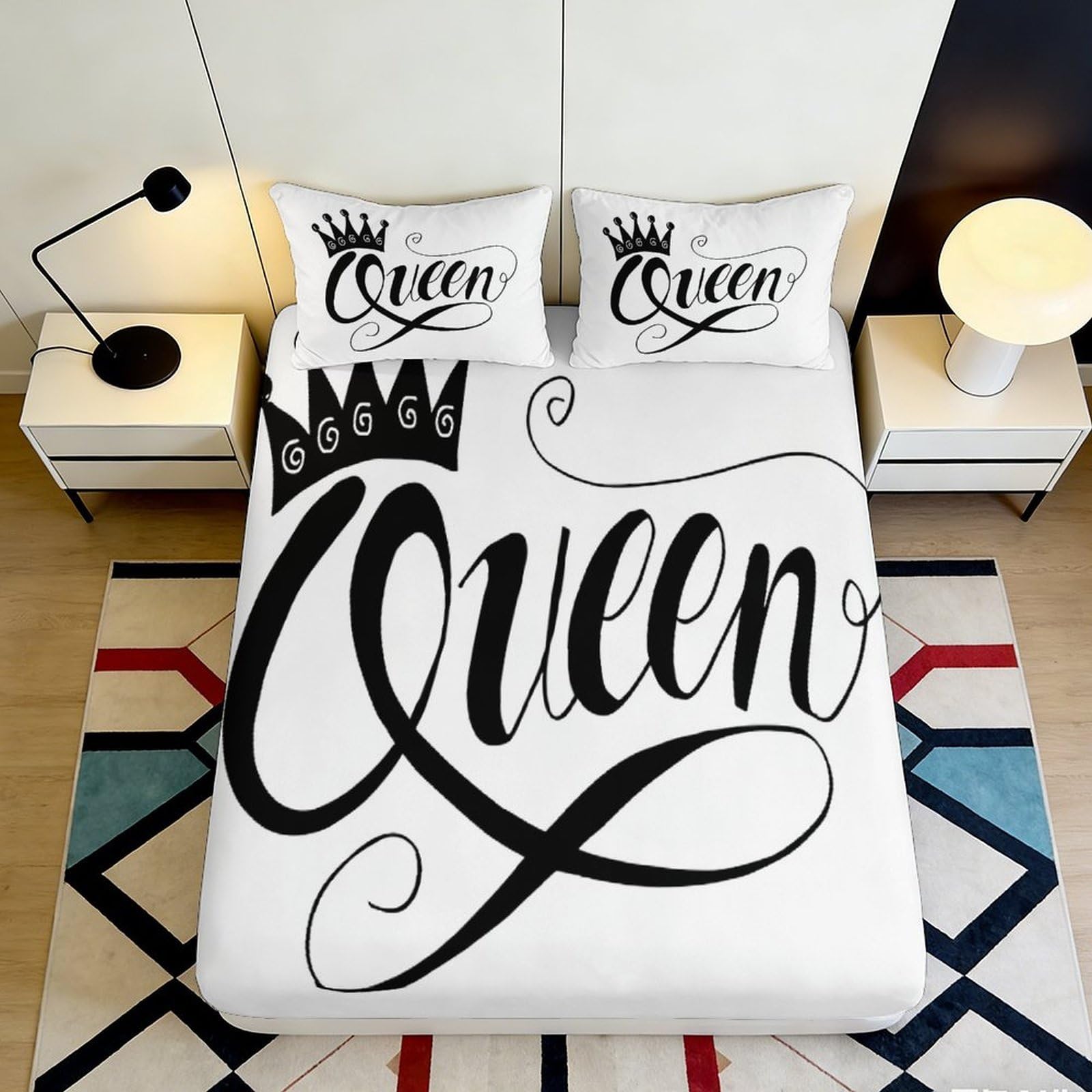 3D Printed Queen Crown Fitted Sheet Microfiber Soft White Letter Mattress Cover for Bedroom Decor Protection 180x200x25cm