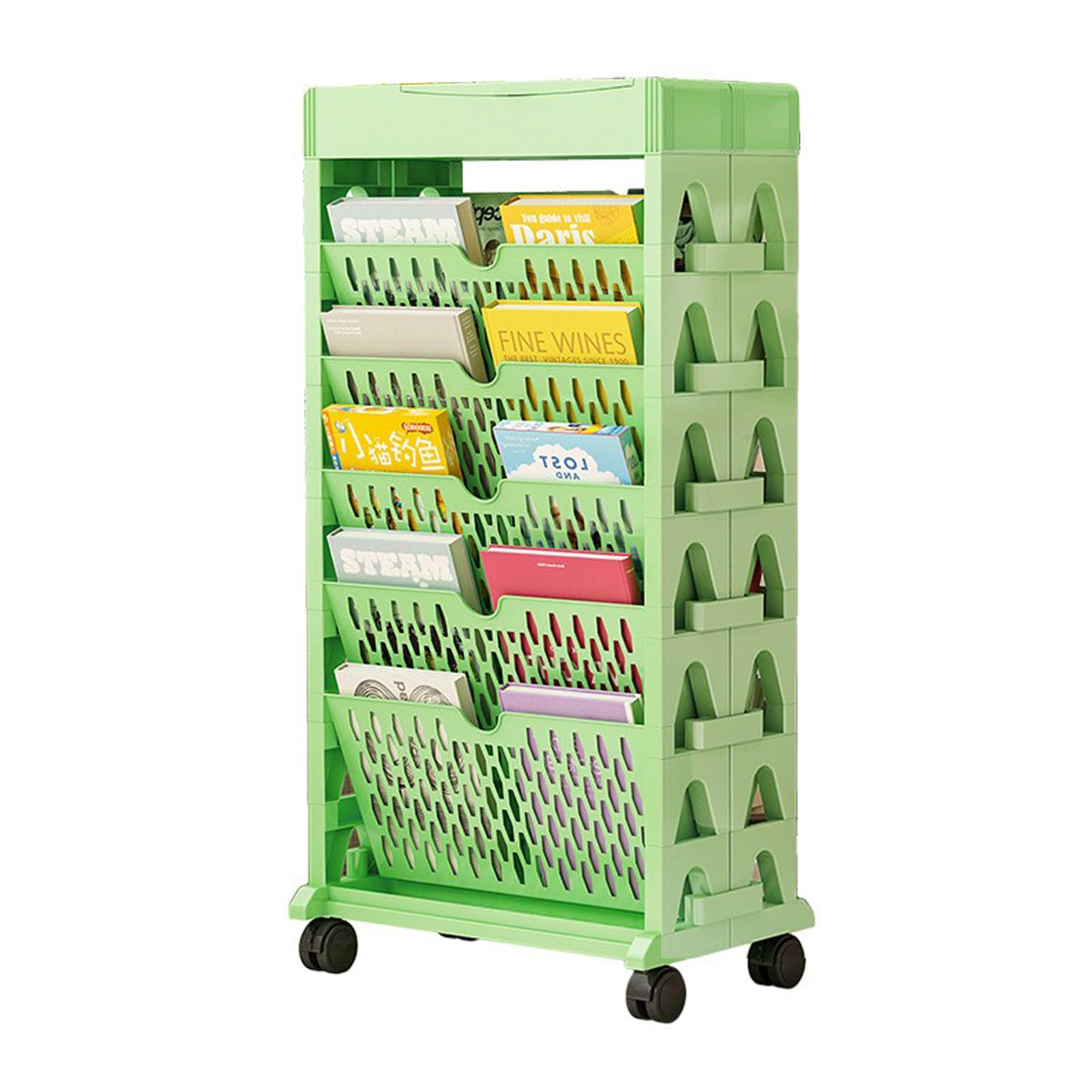 Blanketswarm Rollbarer Bücherwagen mit 5 Etagen, Mobiles Bücherregal, Bewegliches Bücherregal, Rollendes Bücherregal, Organizer, Bücherwagen, Schmaler Rollender Aufbewahrungswagen für Büro,(Grün)