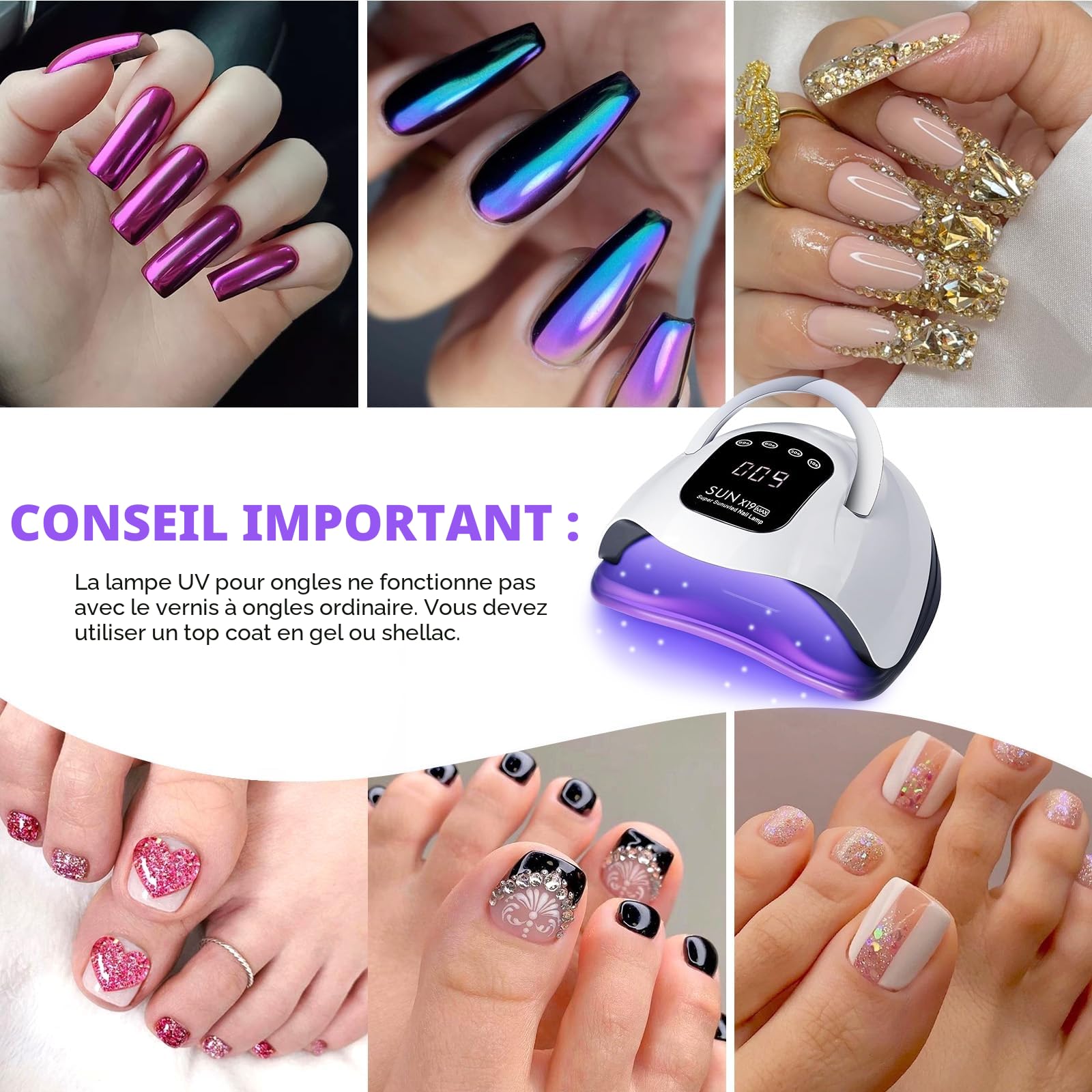 Lampe à ongles LED UV 320 W Séchoir à ongles gel avec 72 perles de lampe, écran tactile, 4 minuteries et capteur automatique, idéal pour salon de beauté, sèche-ongles pour