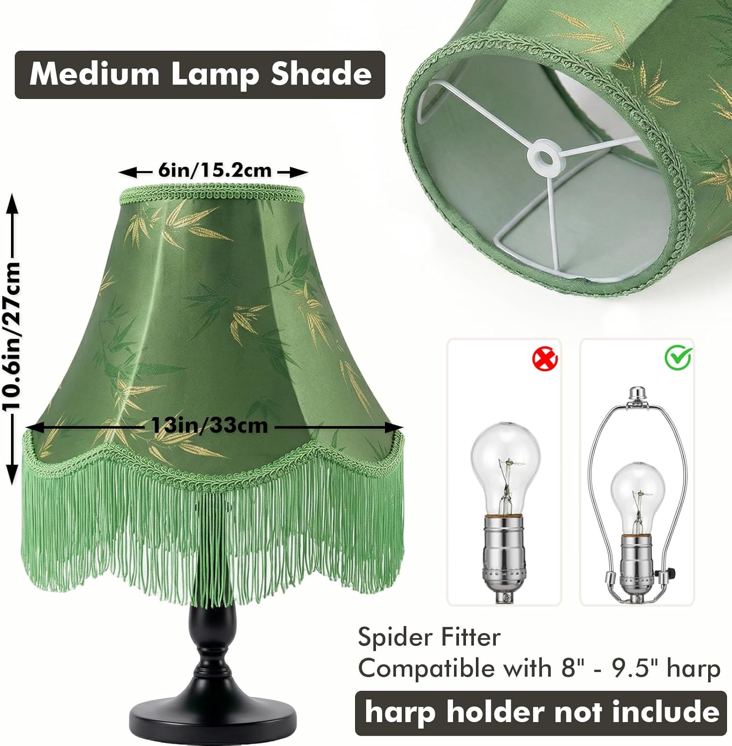Green Bell Fringe Lamp Shades Set of 2, 6" x 13" x 10.6"(Spider) Victorian Scalloped Trim Lampshades, Bamboo Leaf Patterned Fabric Replacement Lamp Shades for Table Lamps, Easy Assembly
