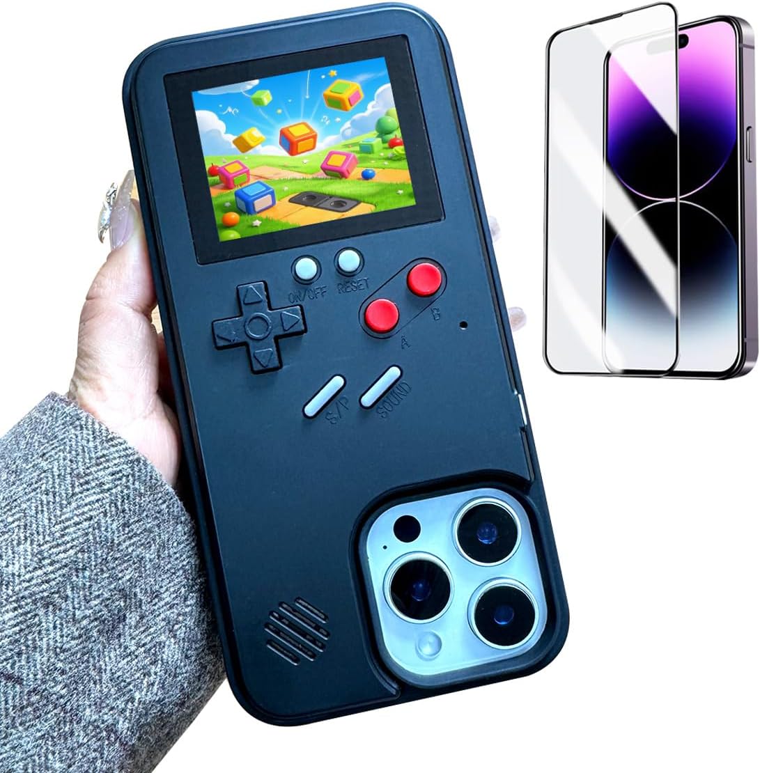 Game Case for iPhone 15 Pro Retro Video Game Phone Case Playable Design, Shockproof Funny Gaming Cover for iPhone, Classic Creative Gamer Birthday Gifts, Black