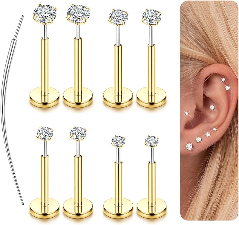 LOLIAS Anillos para la nariz para mujer, pendientes de nariz sin rosca y pendientes planos | Studs de labret de acero quirúrgico 316L hipoalergénicos, pendientes de espalda plana a presión, joyería para piercing de hélice de tragus de nariz con circonita cúbica