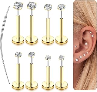 LOLIAS 14K Gold Plated Threadless Nose Studs CZ Nose Rings for Women Men 316L