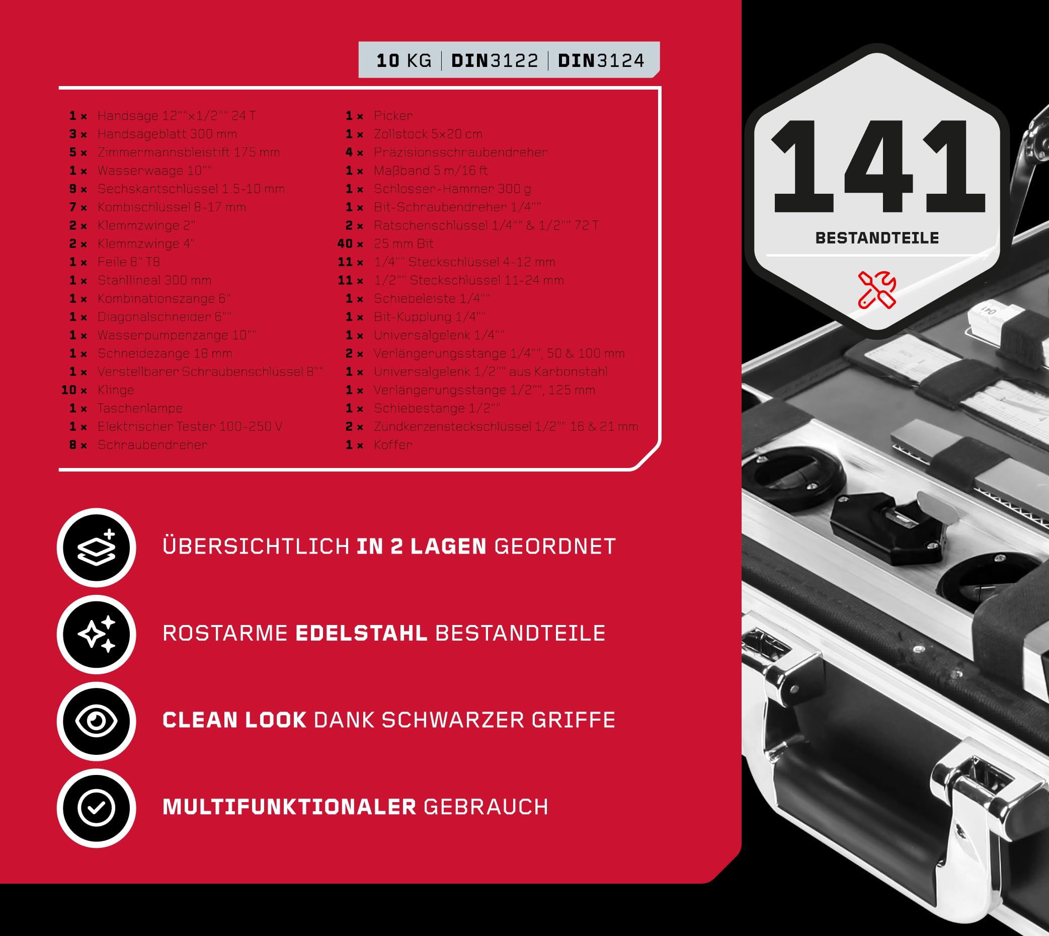 Werkzeugkoffer MANOS 141 Bestückt mit 141 hochwertigen Werkzeugen