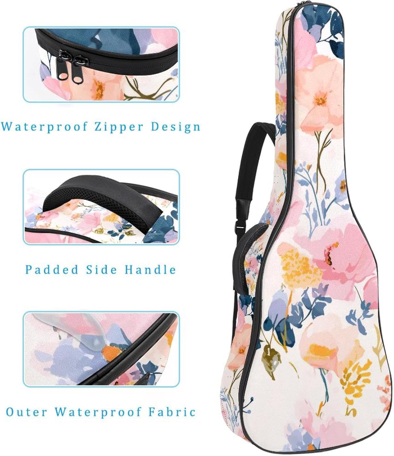 Acoustic Guitar Gig Bag 10mm Thick Padding, Soft Waterproof Guitar Case with Adjustable Backpack Straps for 40-42 Inch Guitar, Watercolor Floral Design