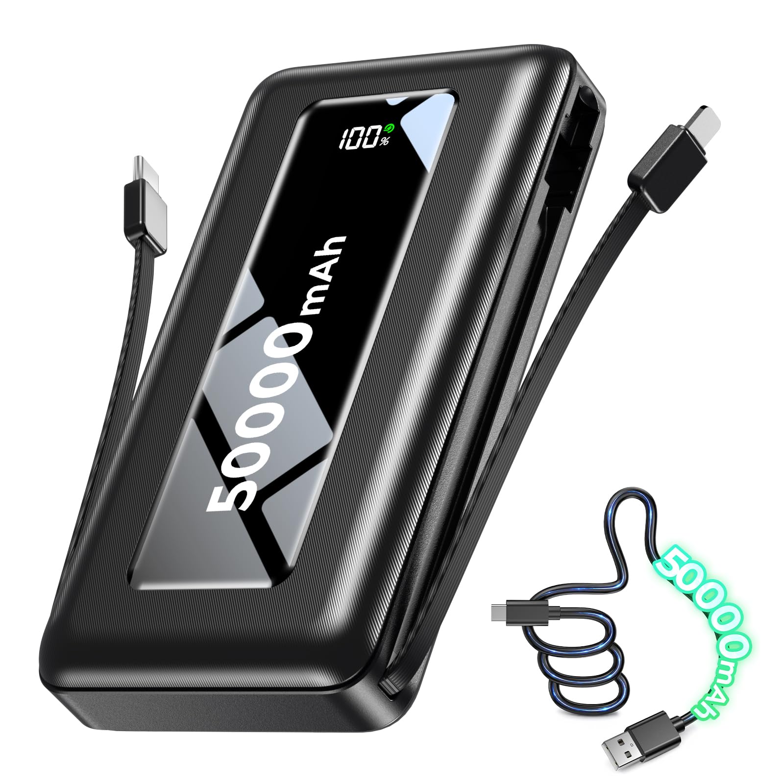 Portable Charger Power Bank 50000mAh, Ultra-High Capacity Battery Pack with Built-in Cables, 22.5W Fast Charging, LED Display, Flashlight, Travel Essential for Outdoor Camping, iPhone & Samsung, Onyx