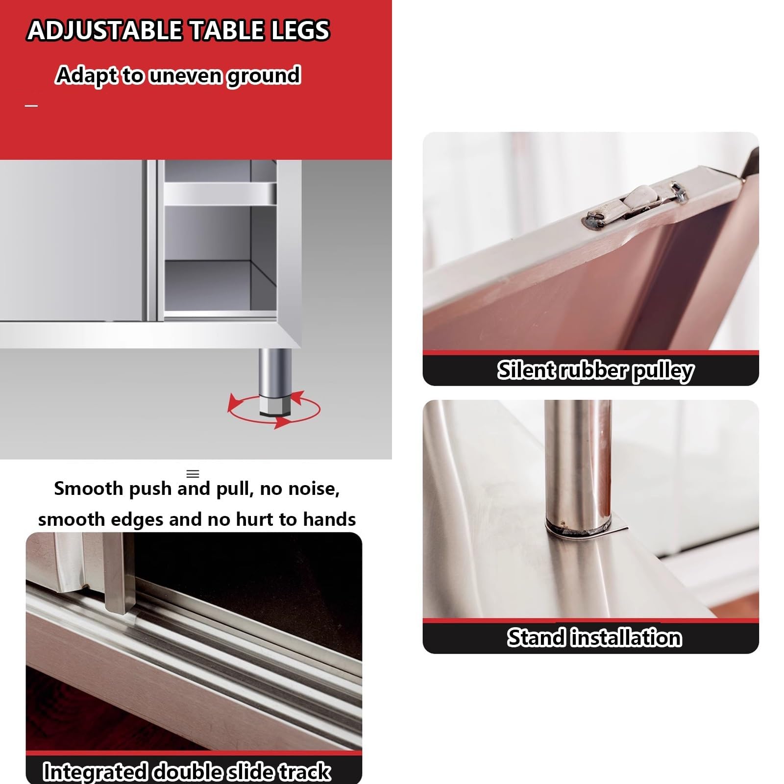 Banco da lavoro in acciaio inox con ante scorrevoli, vano portaoggetti, gambe regolabili, angoli arrotondati, 80 x 50 x 80 cm, per uso domestico o in officina