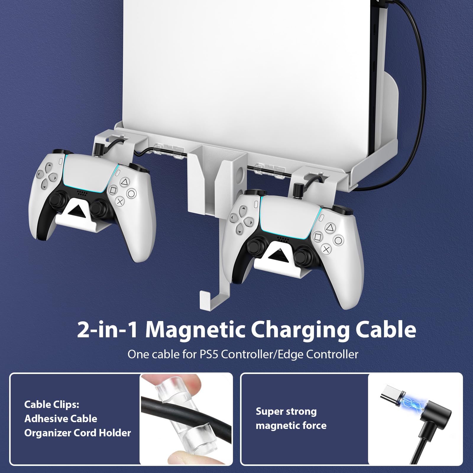 Soporte de Pared PS5 Slim, Soporte de Pared para PS5 Slim Consola con 2-en-1 Cable de Carga Magnético Acero Juego de Soporte de Pared para PlayStation 5 Slim (Disco y Digital) (Blanco)