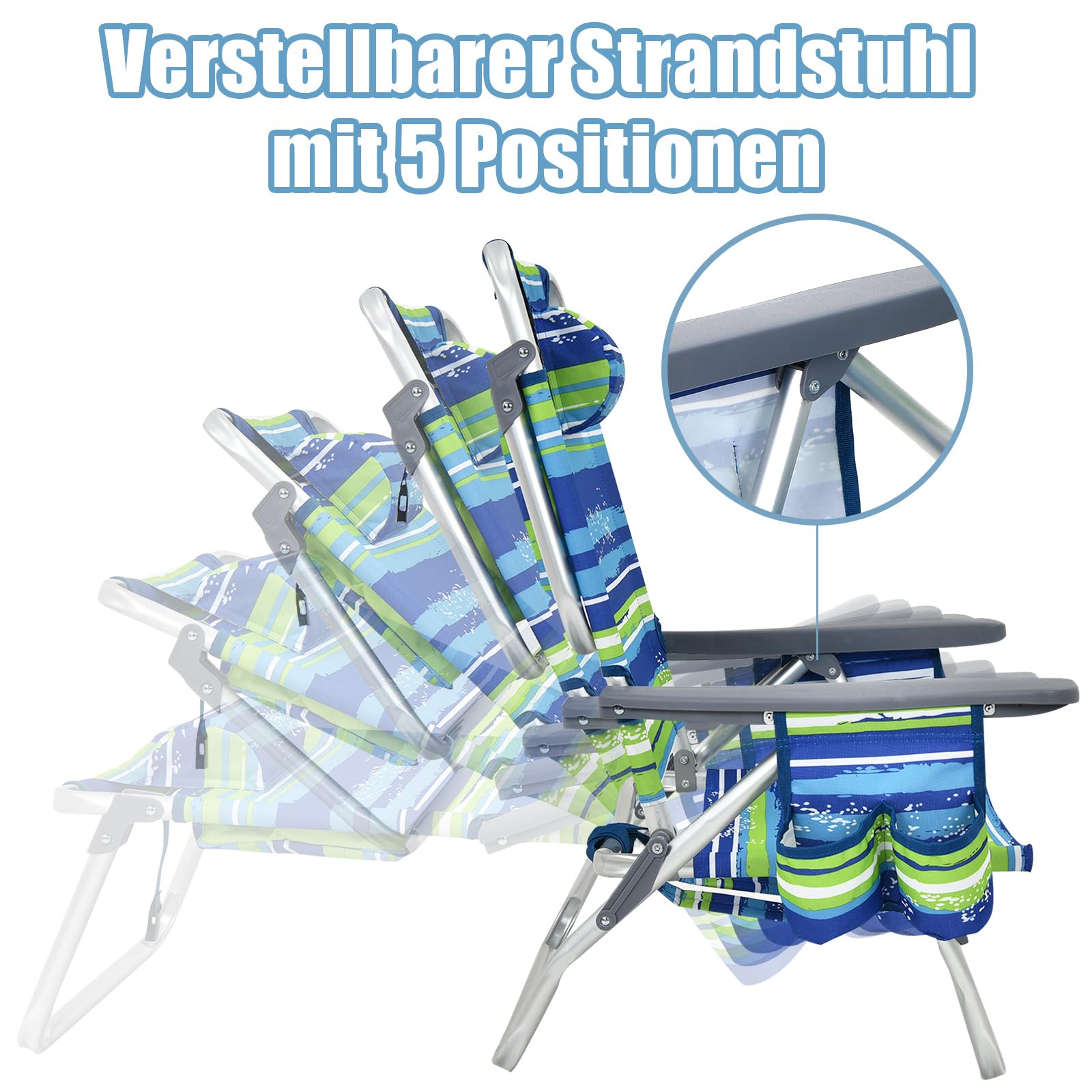 GOPLUS Strandstuhl, 2er Campingstuhl & Tisch Set mit Rückenlehne 5 stufig verstellbar, Kopfstütze & Armlehnen, Klappstuhl Faltstuhl leicht tragbar mit Schultergurten für Strand (Blau+Grün)