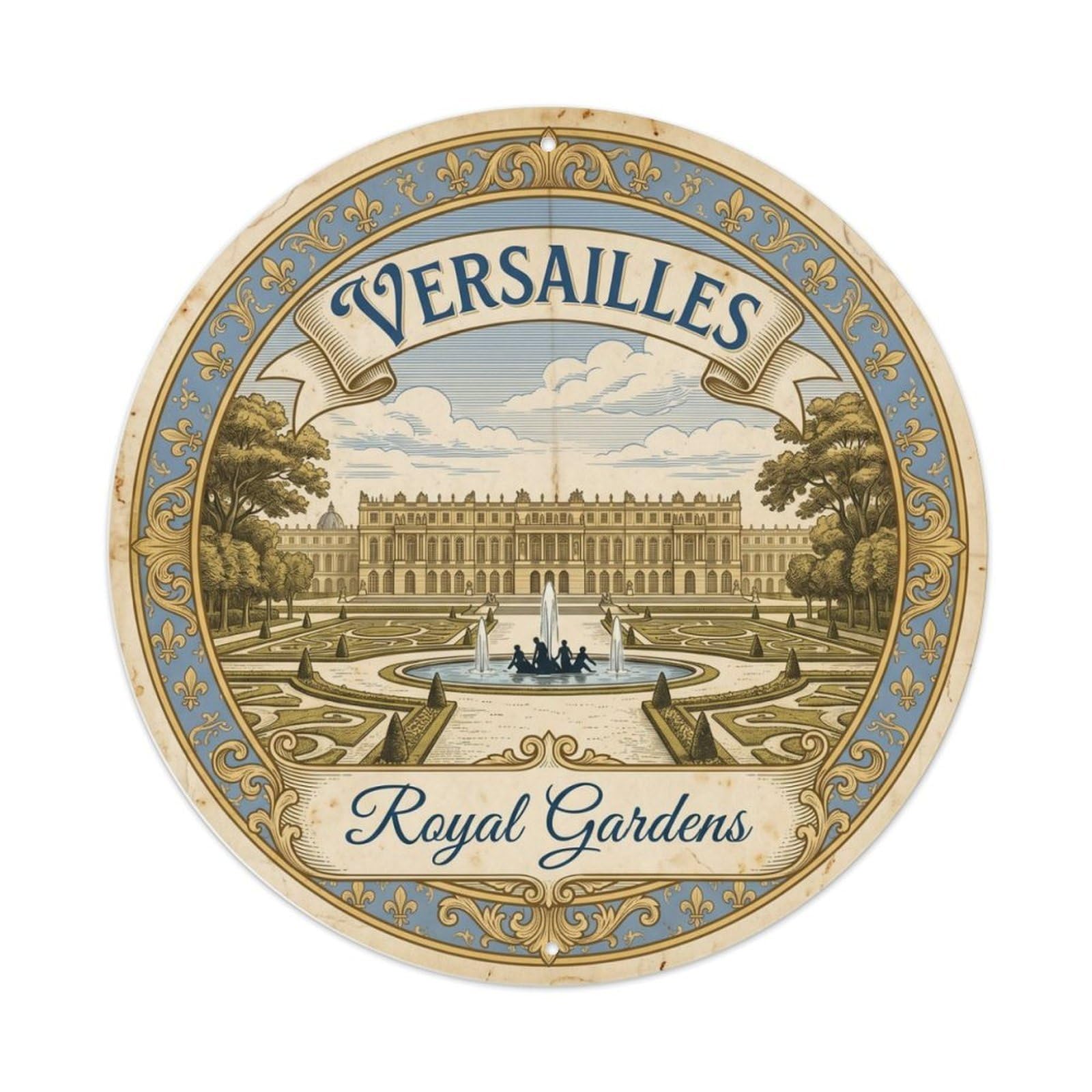 Vintage Travel Palace Versailles Gardens Metal Tin Sign Plaque Wall Decor for Cafe, Club, Garden Round Metal Poster 8x8Inch