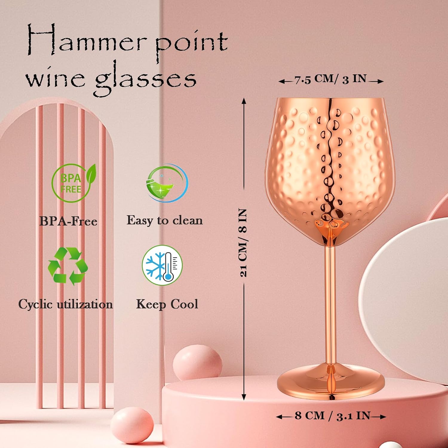 Stainless Steel Wine Glasses-18 oz Unbreakable Hammer point Wine Goblets, Elegant Unique Metal Wine Glass for Outdoor, Travel, Camping, Pool,Gift for Wine Lovers (Set of 4) (Rose Gold) - Image 2