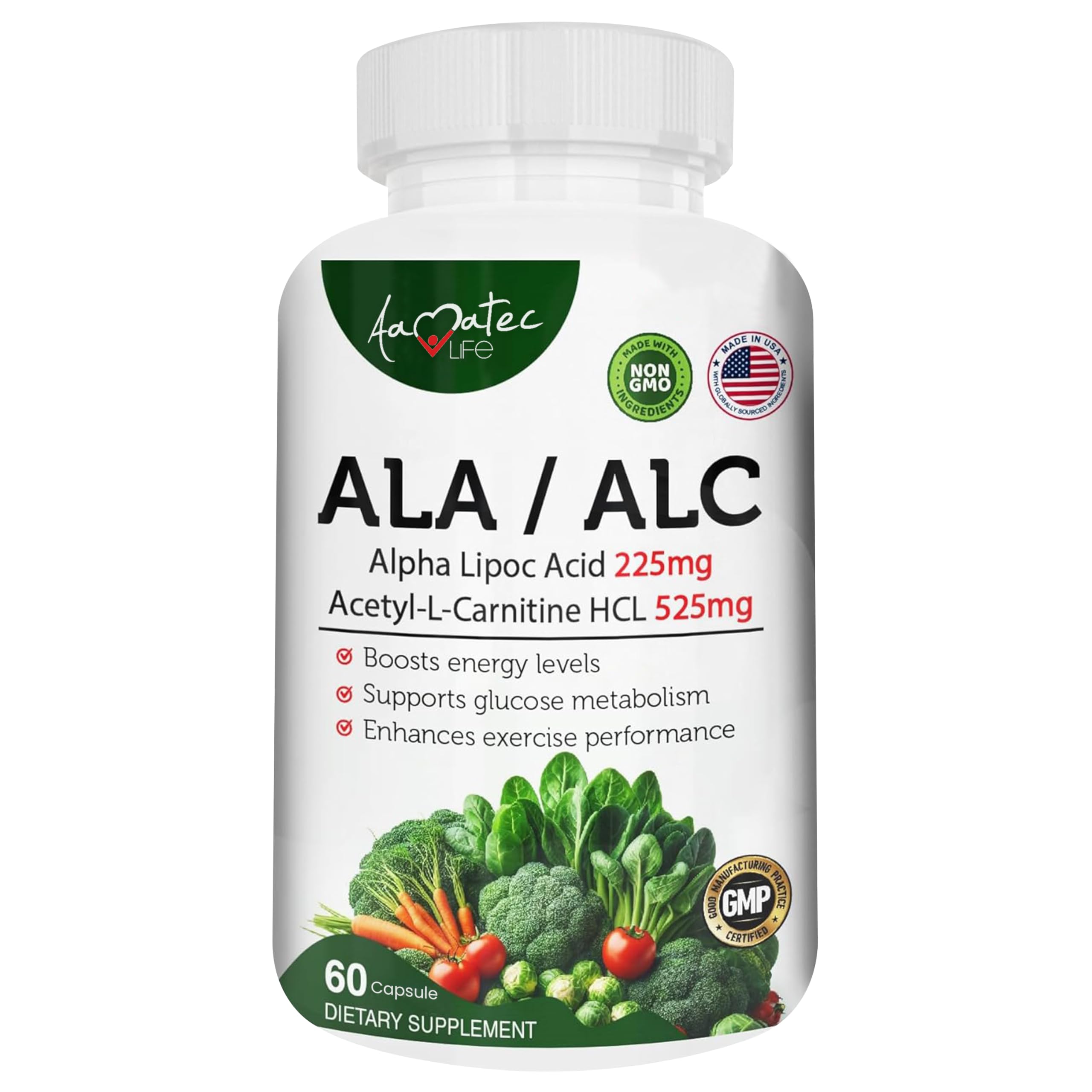 ALA/ALC High Potency Formula- Best Alpha Lipoic Acid and Acetyl-L-Carnitine HCl Dietary Supplement- Antioxidant Support- Energy Boost- for Men and Women 60 Capsules