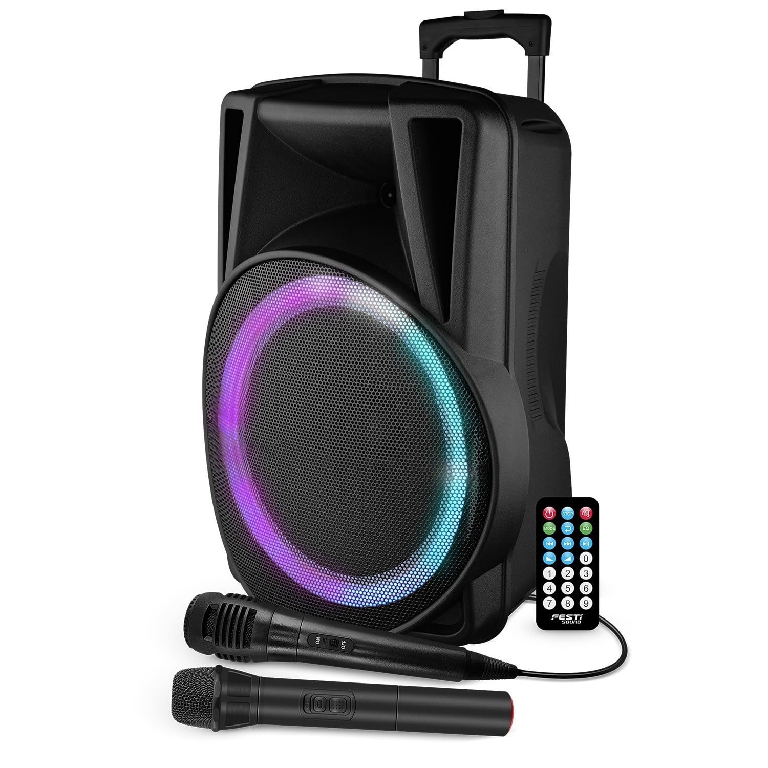 Enceinte Active - FestiSound FESTI15-15" 38CM - 700W - sur Batterie - Effet Ring LED - USB SD Bluetooth TWS - 2 Micros