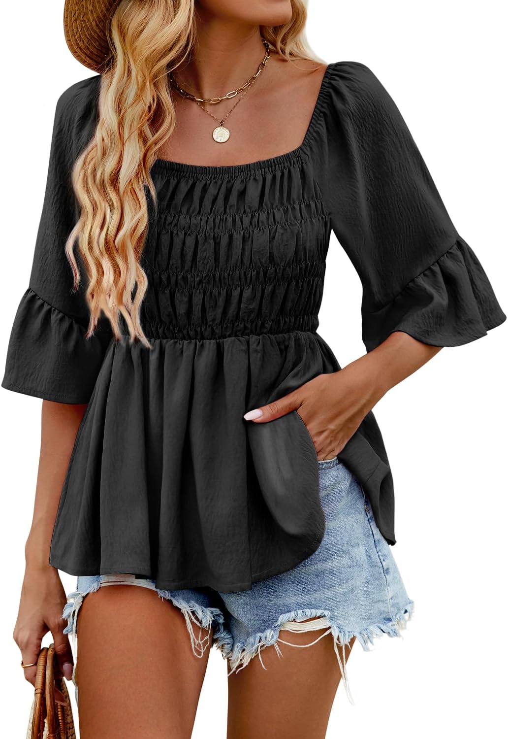 HEYTALALA Womens 3/4 Sleeve Tops Dressy Casual Square Neck Summer Peplum Blouses Ruffle Sleeve Babydoll Shirts 2025 Trendy