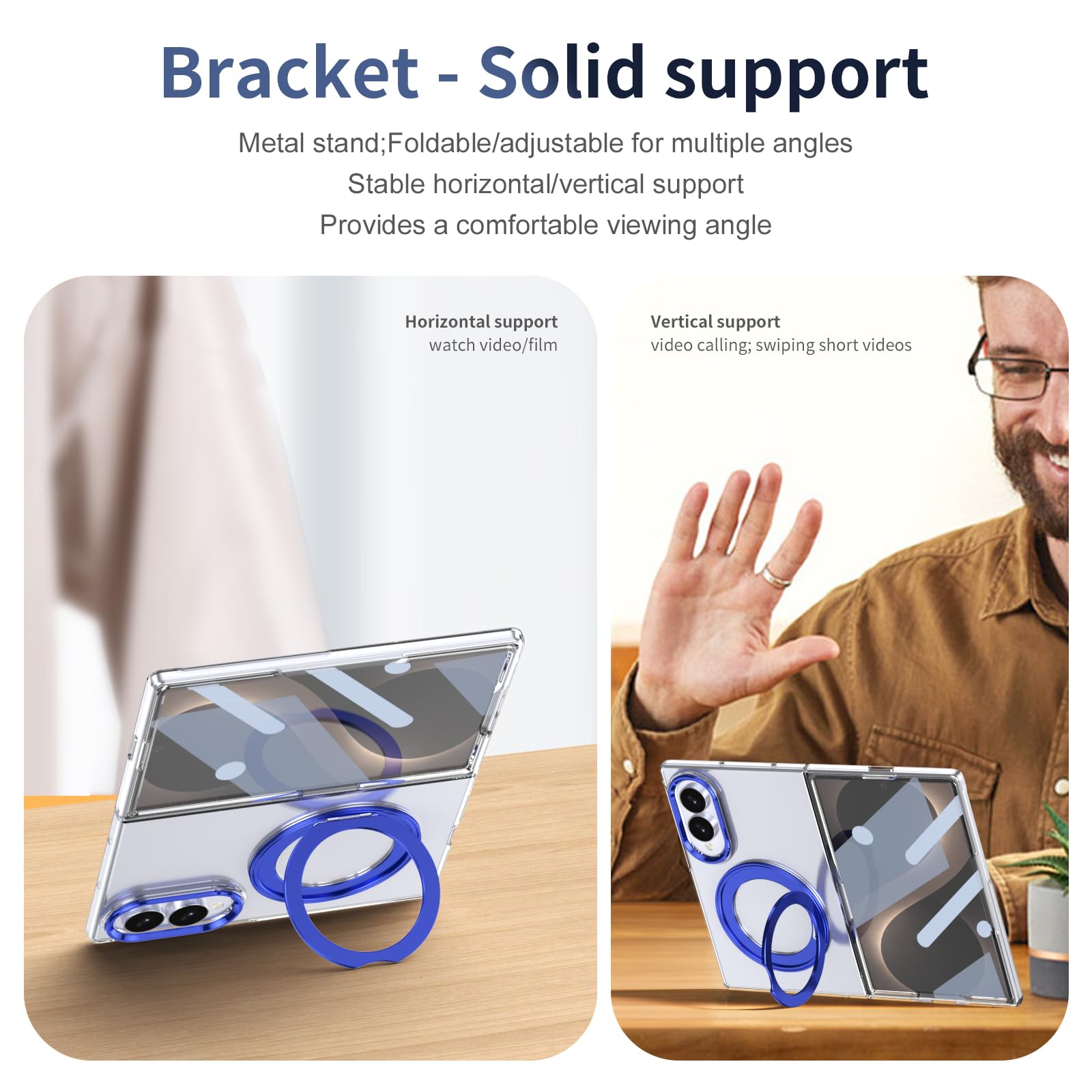 Transparente Schutzhülle für Samsung Galaxy Z Fold 8, magnetischer Ringhalter, 360° drehbarer Ständer, Displayschutzfolie, dünn, Anti-Vergilbung, Anti-Fingerabdruck, Blau