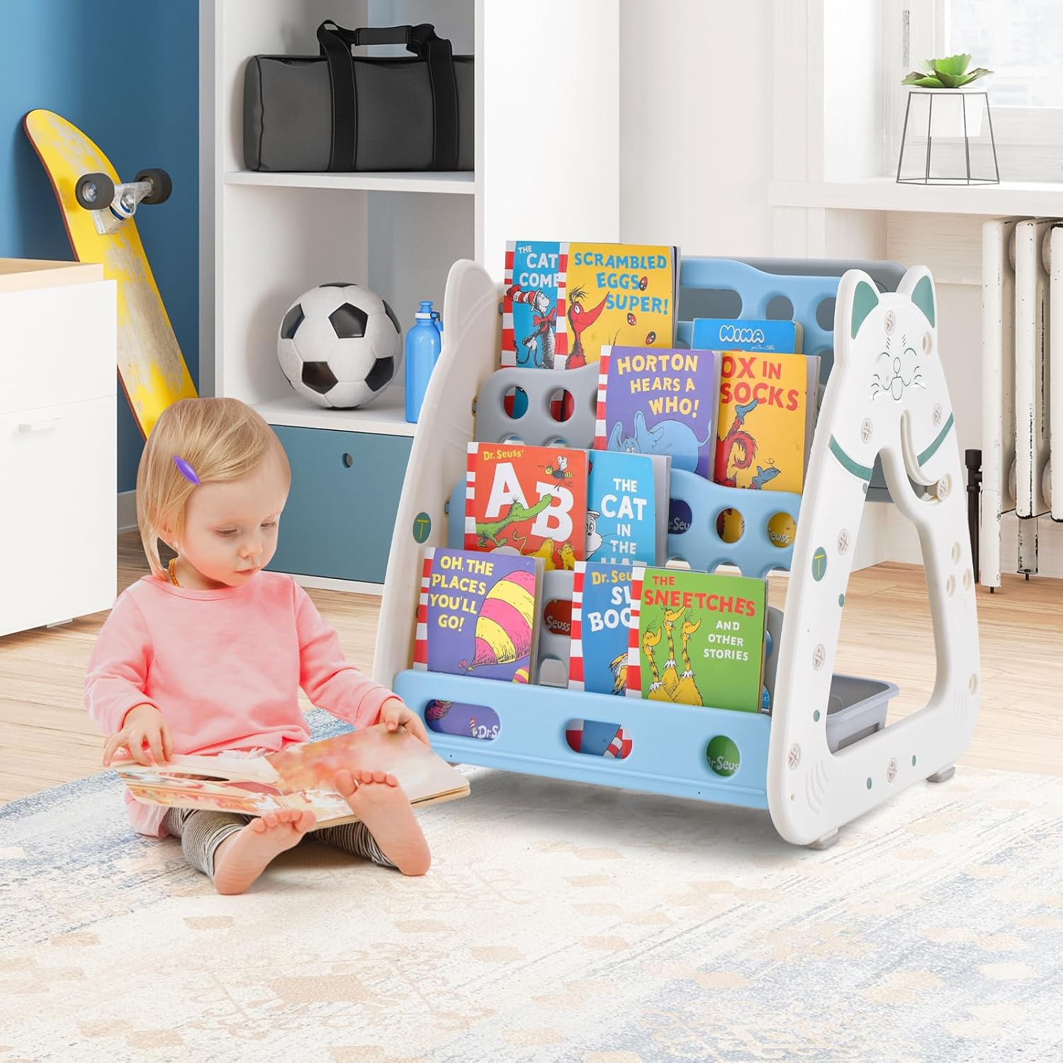 Costzon 3 in 1 Kids Art Easel, Double-Sided Magnetic Dry Erase Board and Kids Book Rack with Chair and Foldable Desktop, Adjustable Standing Easel with Two Storage Baskets, Pen Container (Navy)