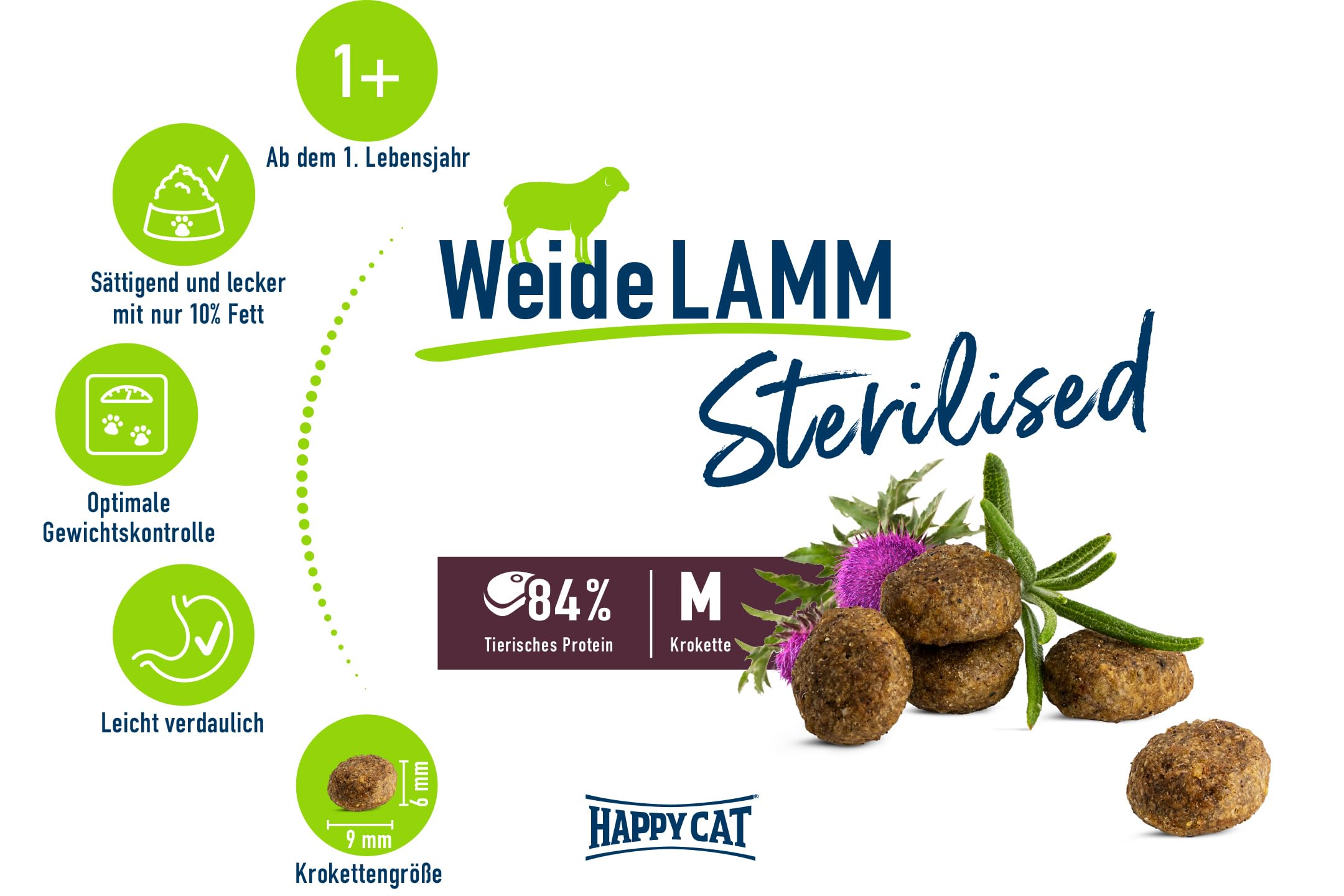 Happy Cat Sterilised Adult Weide Lamm M - Trockenfutter für sterilisierte Katzen und Kater - 10 kg