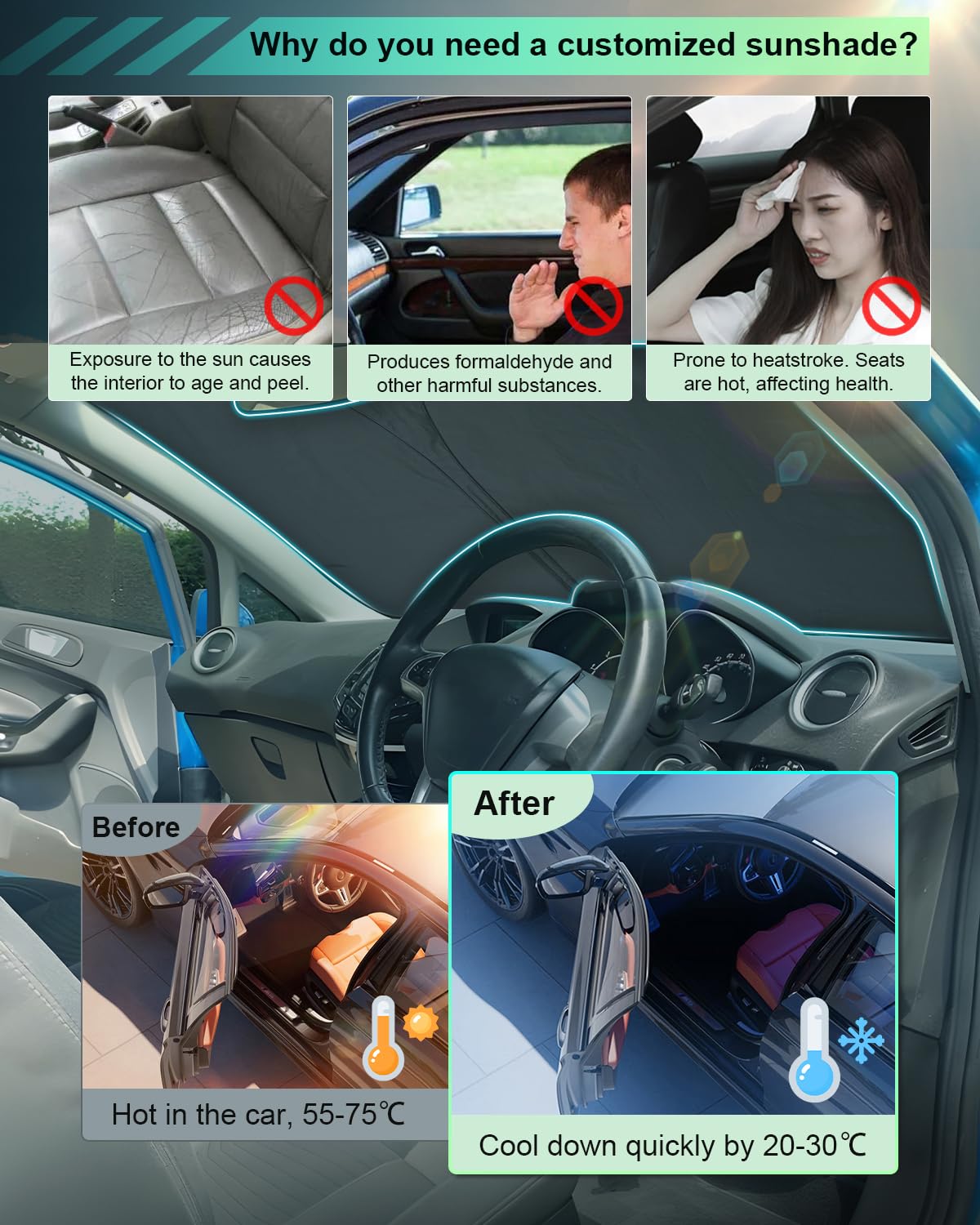 [Update] GAFAT Compatible con Ford Fiesta ST MK7 2008-2016 Parasoles Interior, Fiesta MK7 Accesorios Parabrisas Protección Solar, Refrigeración, Protección UV, UPF 50+