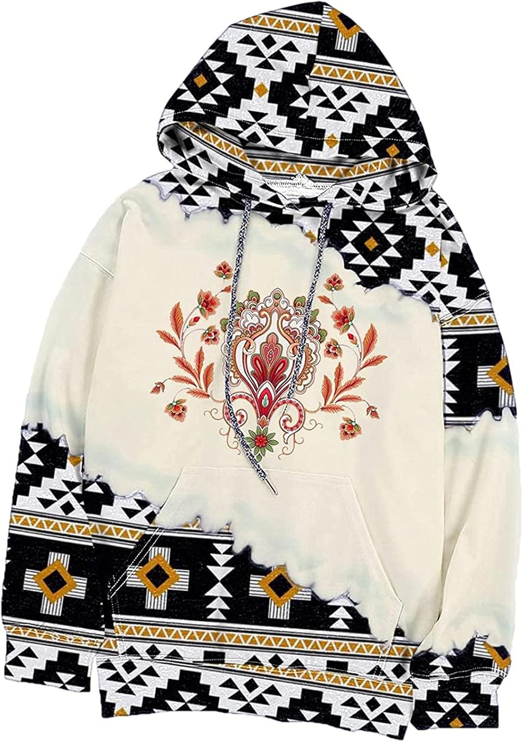 Womens Casual Geometric Horse Print Long Sleeve Drawstring Pullover Tops, Ethnic Style Hooded Sweatshirt at  Women’s Clothing store