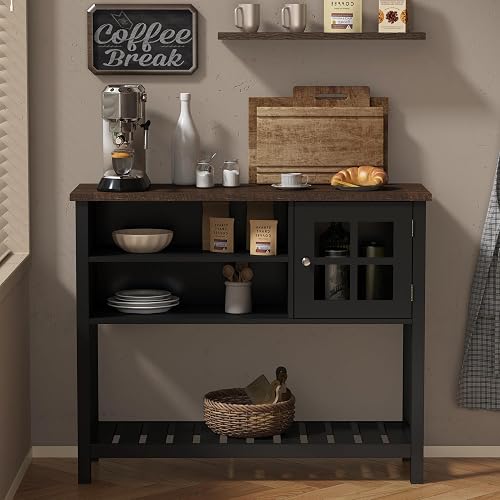 ChooChoo Farmhouse Coffee Bar Cabinet, Buffet Cabinet with Storage, Sideboard Buffet with Glass Door, Console Table for Kitchen, Hallway, Entrance, Black - Black