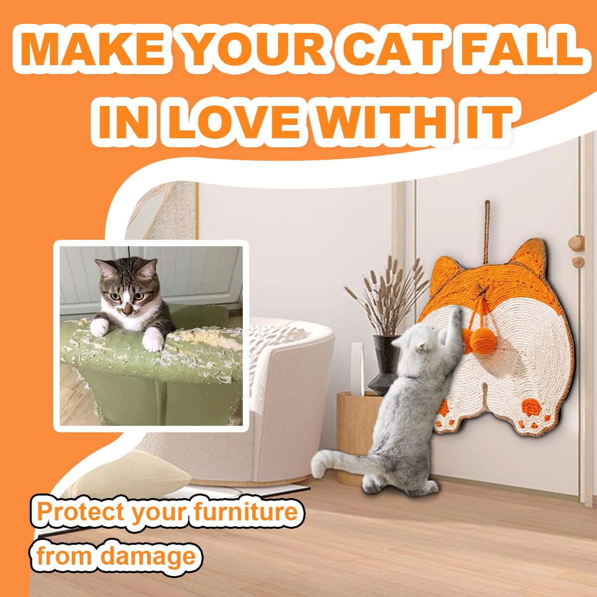 Cat Scratch Mat, Sisal Material, Cat Scratchers for Indoor Cats, 15.7x13.3 inch Cat Scratching Board Toy, Protects Sofa and Carpet