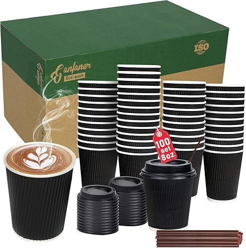 Juego de 100 tazas de café de papel desechables de 8 onzas con tapa cómoda y pajilla, taza de papel de doble pared con aislamiento y ondulación