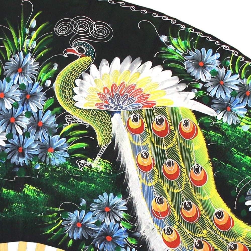 Meeting of the Peacocks Folding Wall Fan Hand-painted Wall Decor Art, Handmade Original Acrylic Painting on a Natural Bamboo Frame for Living Room or Bedroom Decoration (40 inch wide, Black)