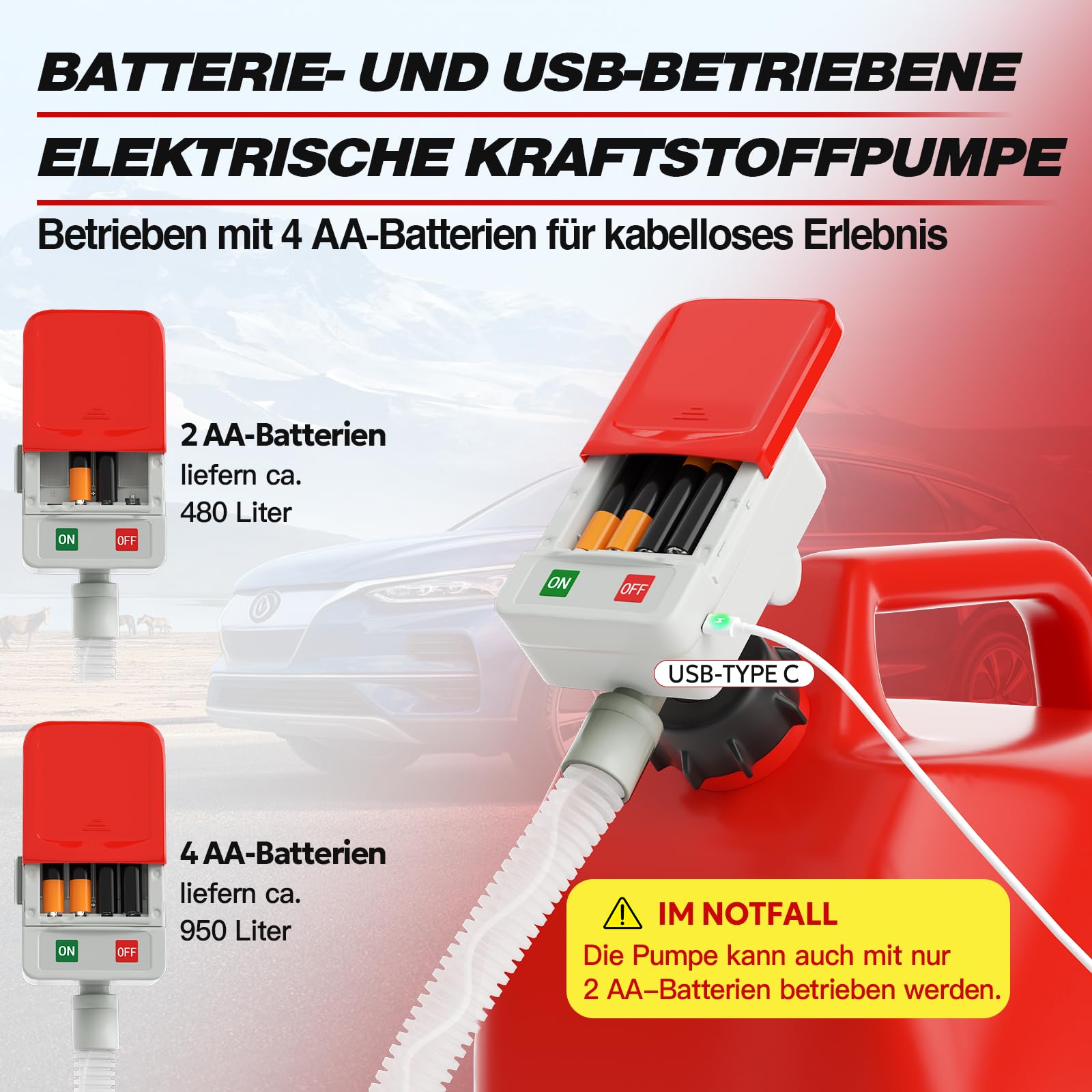 Keimi Kraftstoffpumpe mit Auto-Stop, 2,4GPM (10.5L/Min）129,5 cm extra langer Schlauch, batterie- & USB-betrieben, 4 Dosenadapter, schnelle und sichere Gaspumpe für Öl, Diesel und Benzin