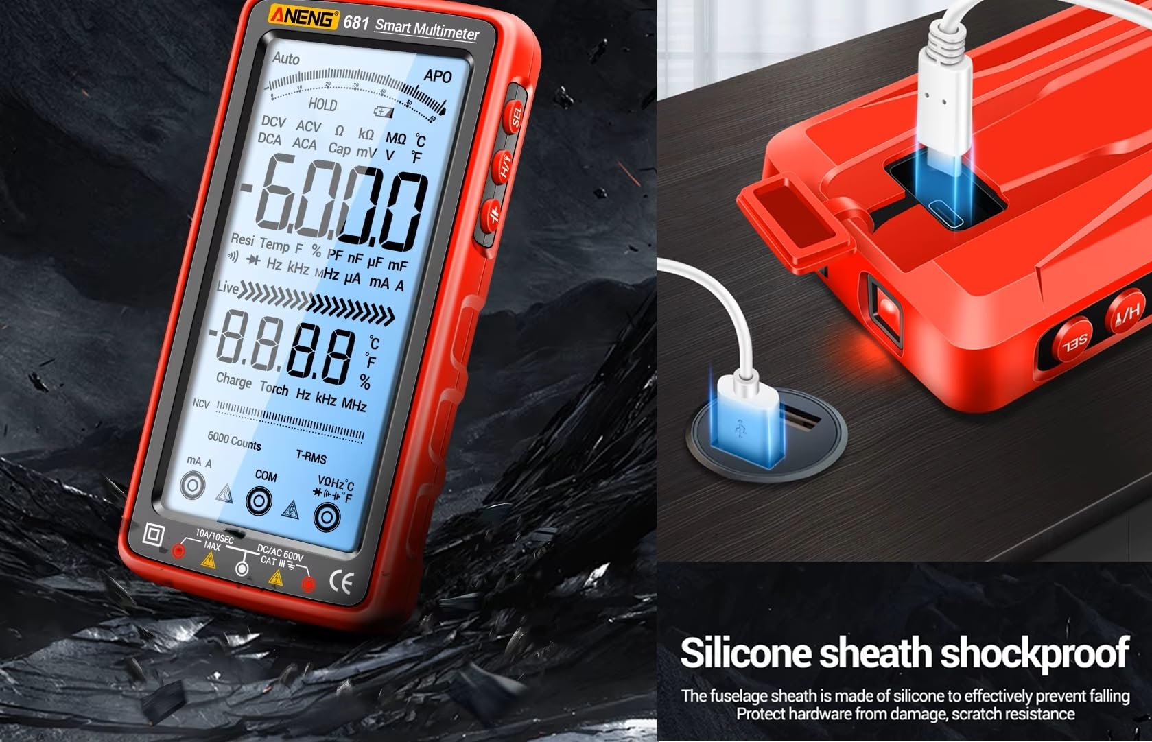 Multimetro digitale professionale ricaricabile 681 - Tester di scansione automatica RMS 6000 Count con rilevamento della tensione senza contatto, schermo LCD retroilluminato e torcia elettrica