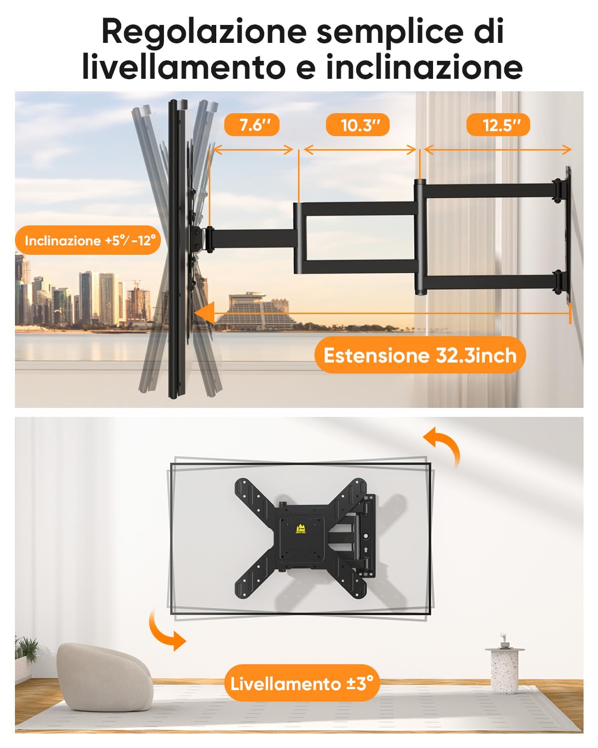 FORGING MOUNT Supporto TV Parete con Braccio Extra Lungo 840mm per 26-65 Pollici fino a 40KG, con 3 bracci pieghevoli, Staffa TV Girevole Inclinabile Orientabile, Max VESA 400x400mm