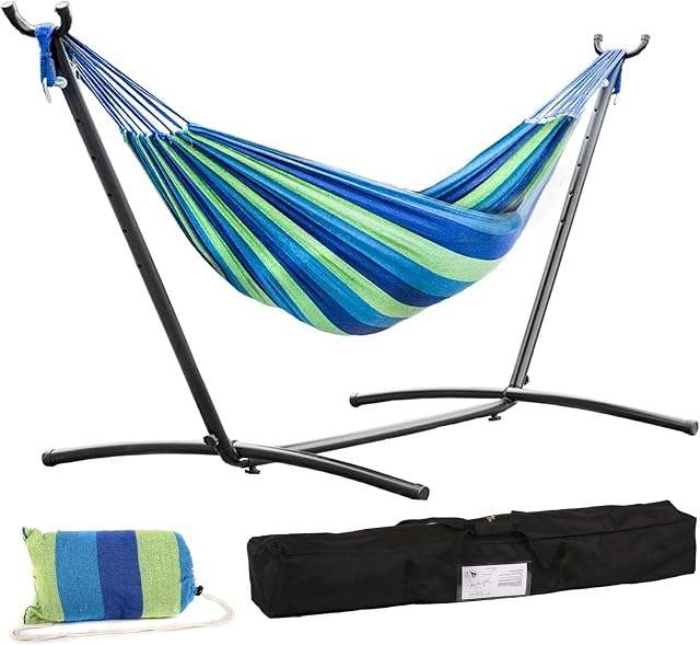FDW Hammock with Stand, Portable Hammock Stand with 9' Heavy Duty Steel Stand for Outdoor Patio or Indoor with Carrying Case, Blue