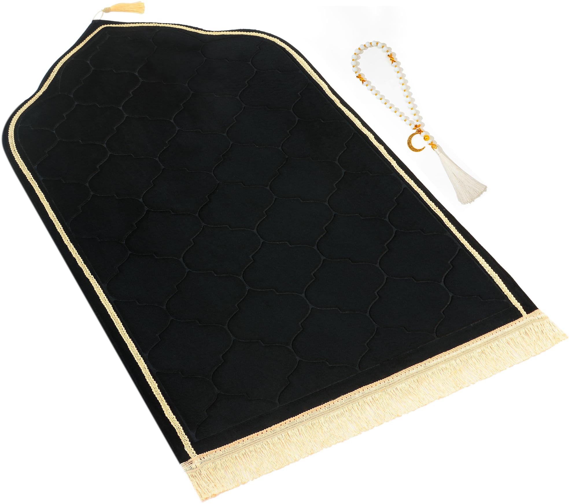 Muslim Prayer Rug with Tasbih Prayer Beads, Soft Memory Foam Prayer Matt Islam, Padded Islamic Prayer Mat Thick for Men and Women, Janamaz, Sajadah (25.6" x 43.3", Black)