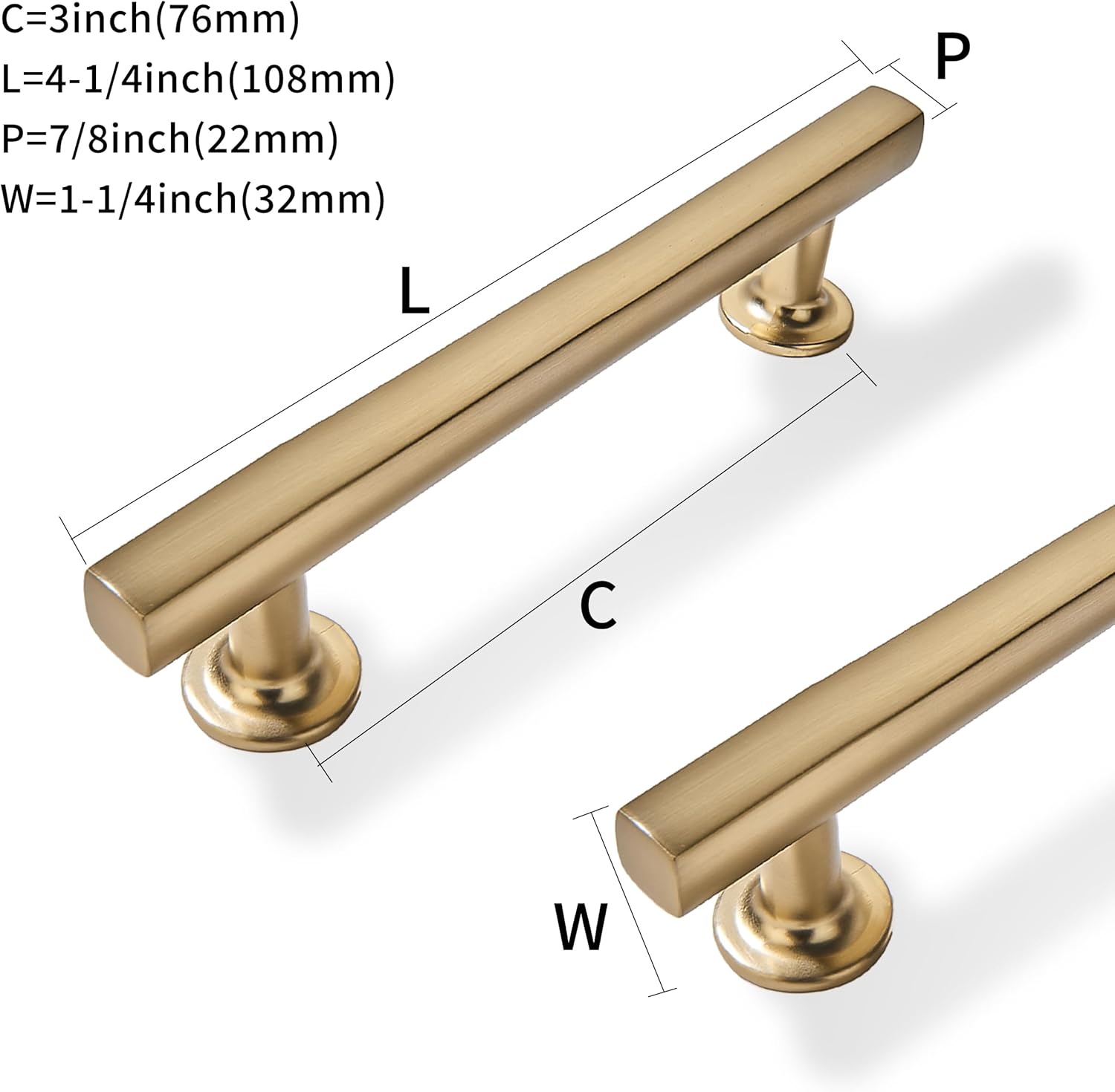 10 Pack 3 inch(76mm) Hole Center Brushed Brass Cabinet Pulls Square Cabinet Handles Solid Heavy Duty Pulls for Kitchen Dresser Closet & Bathroom Cabinets Hardware
