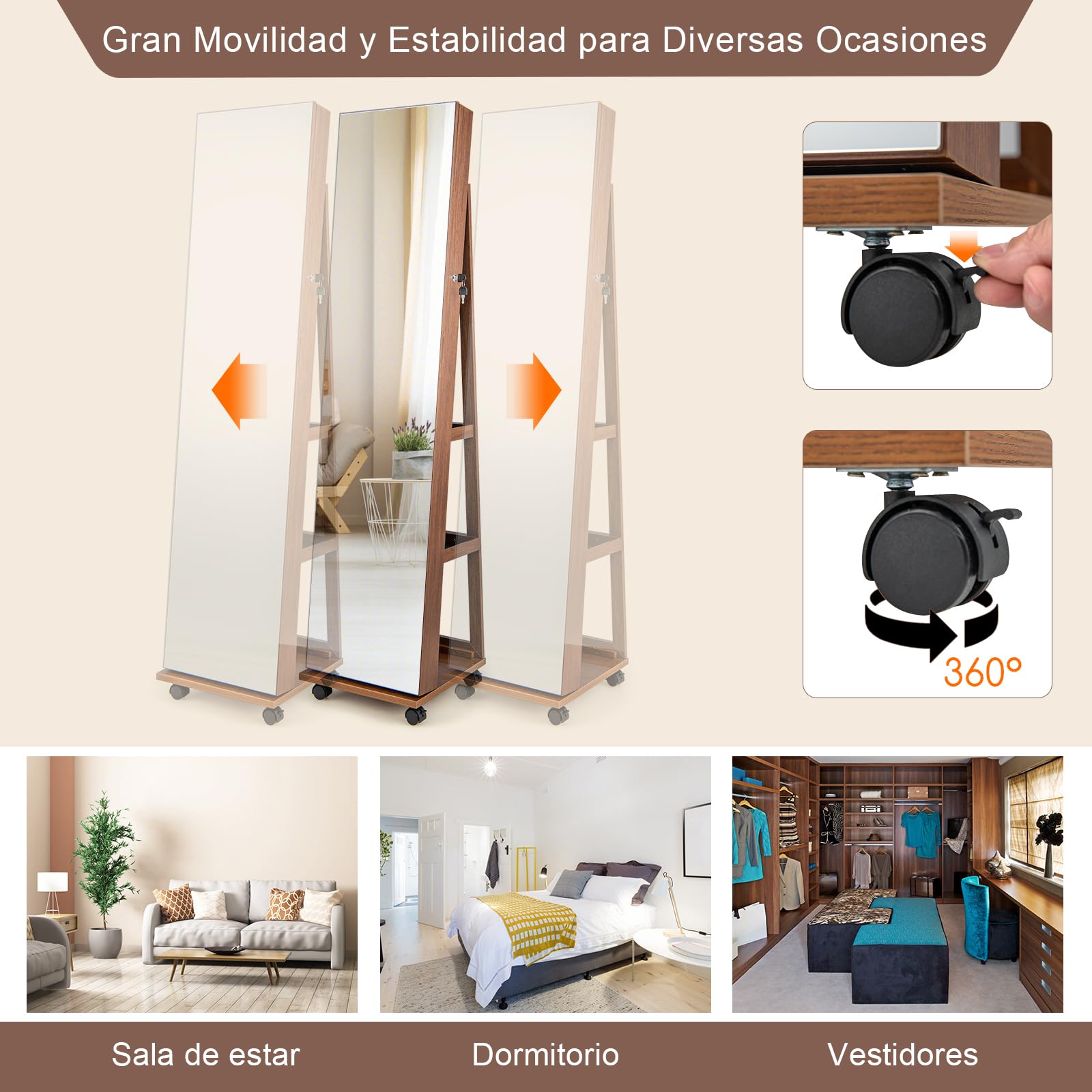 GOPLUS Armario para Joyas con Espejo de Cuerpo Entero, Espejo Joyero con Iluminación y Estante, Almacenamiento de Joyas con Ruedas, Organizador de Joyas con Cerradura para Dormitorio Vestidor